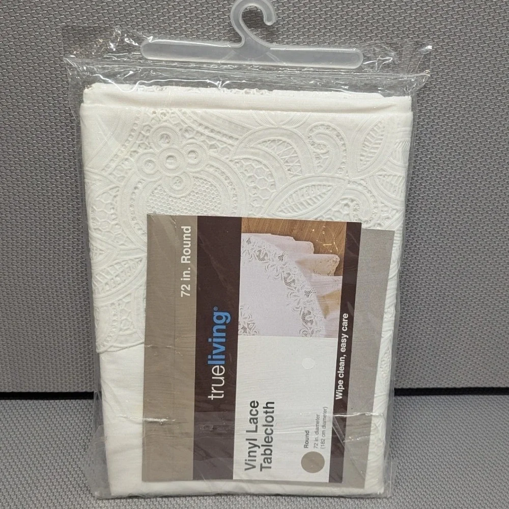 True Living Vinyl Lace Tablecloth 72 Inch Round White Wipe Clean Table Cover